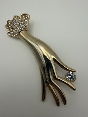 Gold Tone Figural Hand-Shaped Crystal Accent Brooch